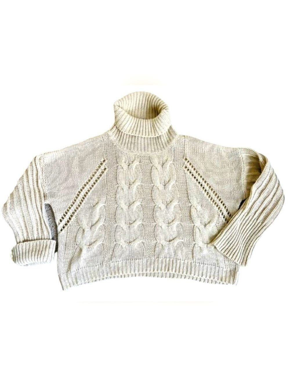 Moon & Madison Boxy Cropped Cable Knit Funnel Neck Cream Sweater. Size XL